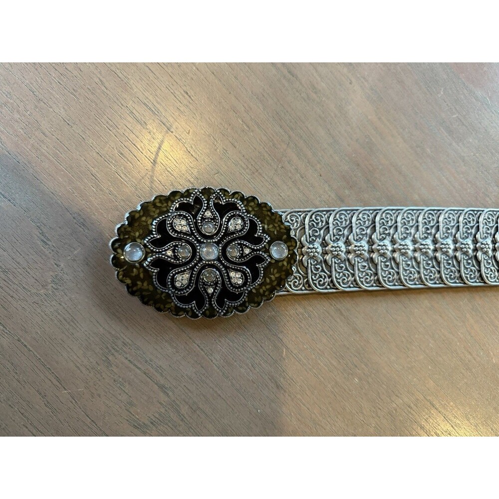 Belt OSFM Metal Silver Tone Elastic Stretch Oval Buckle w/ Enamel & Bling Vtg - Picture 11 of 16